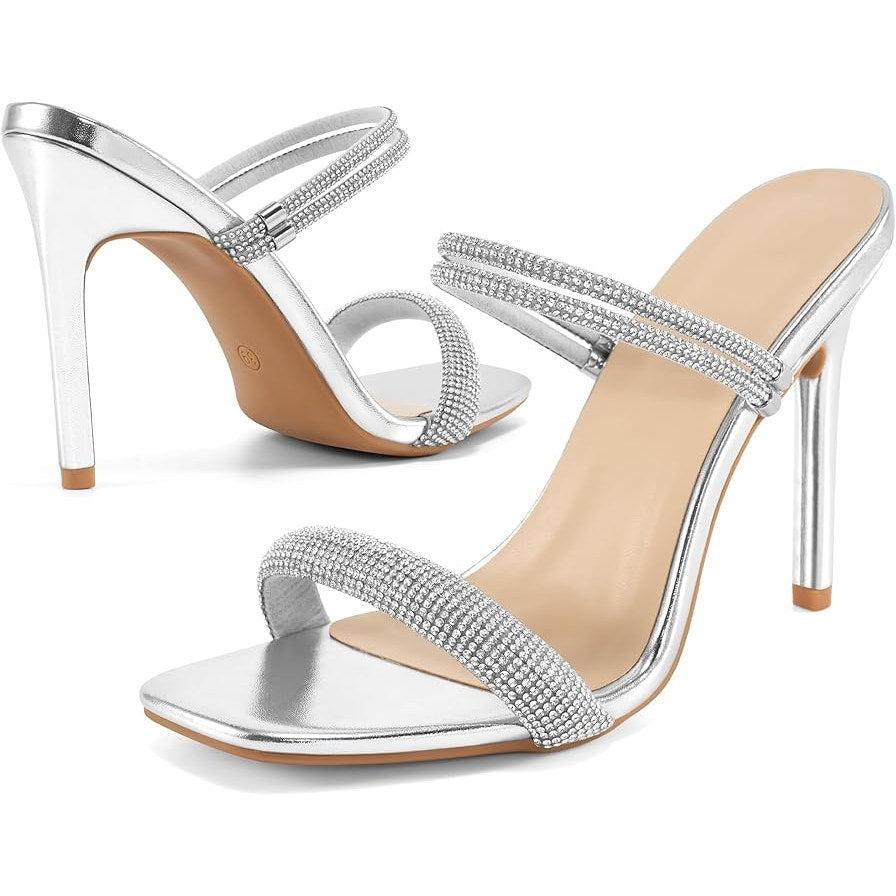 Reimferce Womens Size 6 Silver Rhinestone 4.5" Stiletto Heel Open Toe Shoes