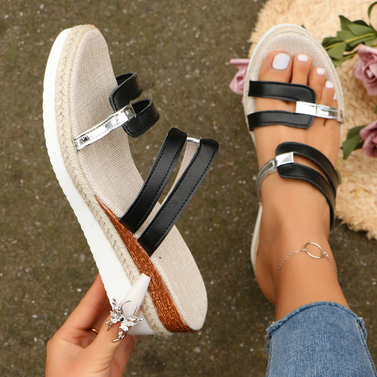 Women's Colorblock Wedge Sandals | Hemp Heel Platform Slides - Open Toe Summer Shoes