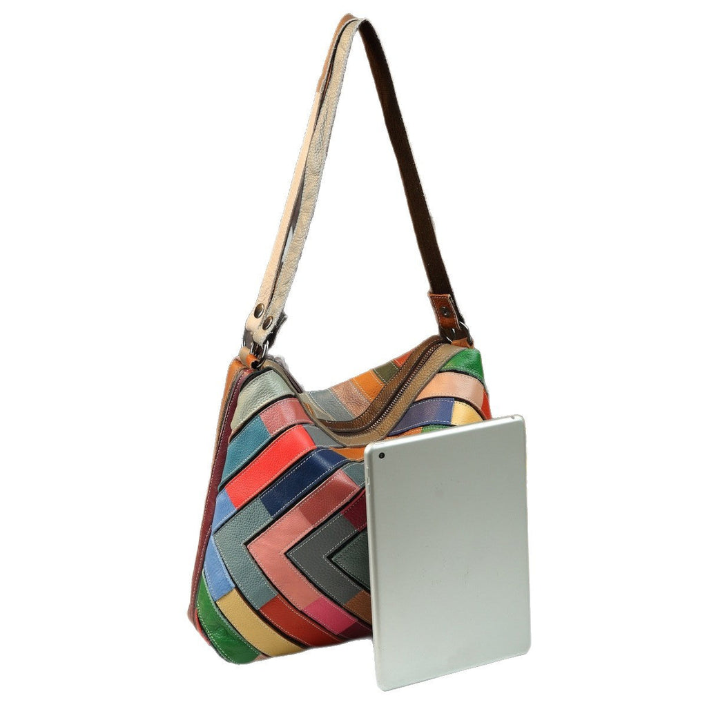 Geometric Grid Leather Patchwork Colorful Shoulder Bag - Women's Genuine Leather Handbag with Multiple Compartments