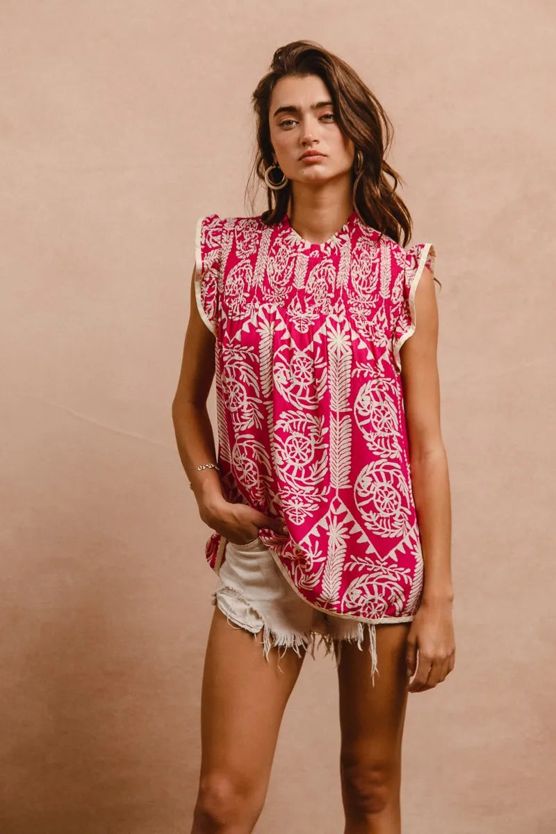 BiBi Printed Ruffle Sleeve Top