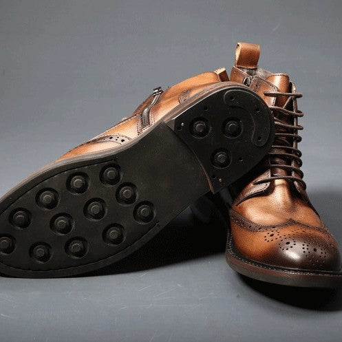 Men's Thick-Soled Leather Boots | Chunky Heel Mid-Calf Lace-Up Boots for Men