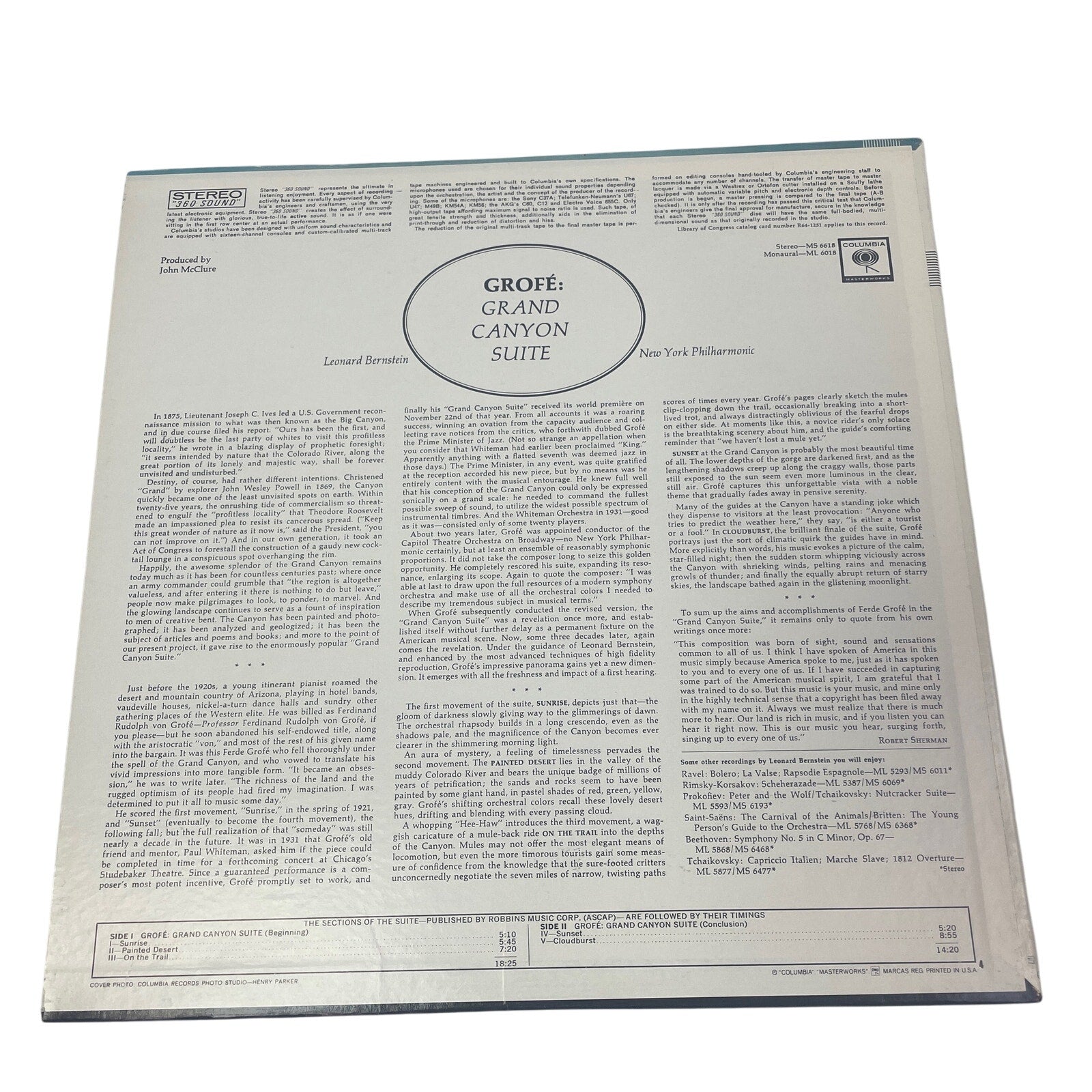 Grofe Grand Canyon Suite Leonard Bernstein New York Philharmonic LP Vinyl Record