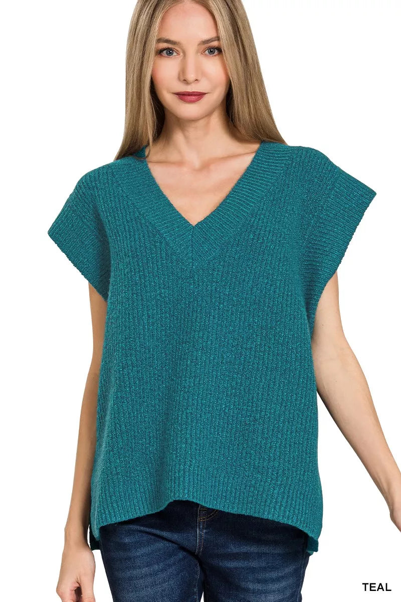 Zenana Ribbed Slit V-Neck Sweater Vest