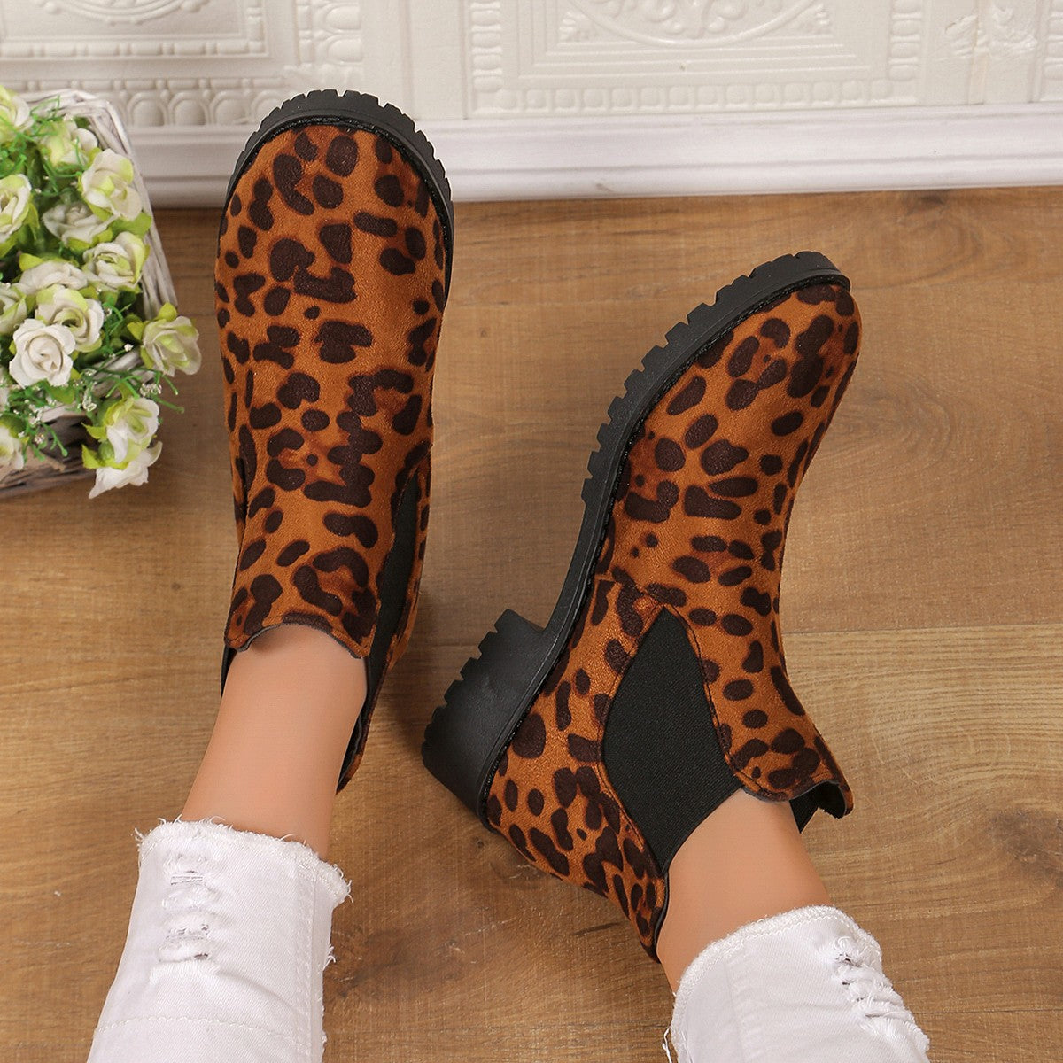 Leopard Print Ankle Boots Women - Mid Heel Chunky Sole Slip-On Boots