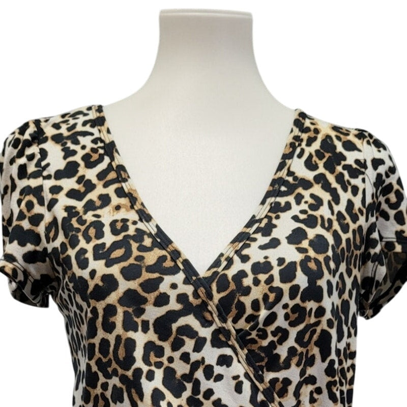 Eye Candy Womens Large Leopard Print Short Sleeve V Neck Faux Wrap Top
