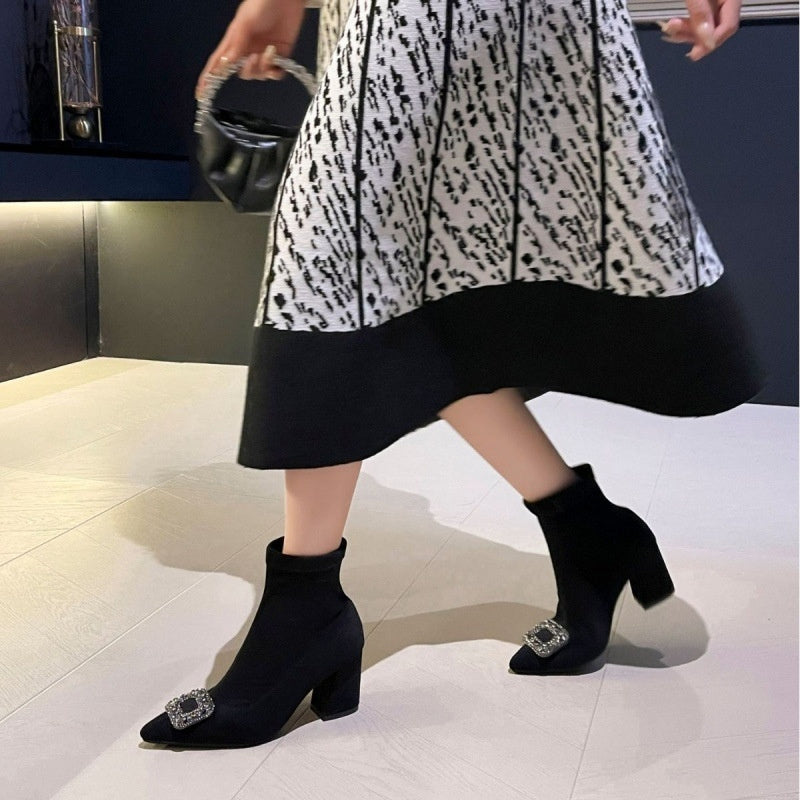 Women's Pointed-Toe Chunky Heel Ankle Boots | Suede Slip-On Block Heel Booties