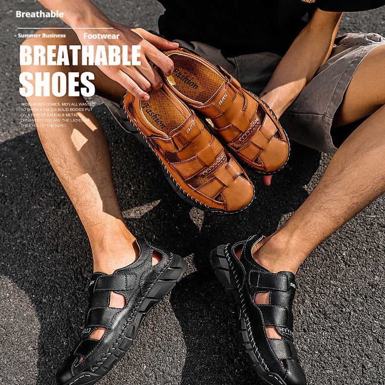 Men's Large Size Velcro Sandals – Split Cowhide Leather Upper, Rubber Sole, Sizes 38–48