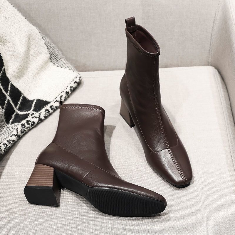 Women's Minimalist Over-the-Knee Boots | Square Toe Chunky Heel Side Zipper | Black & Dark Brown
