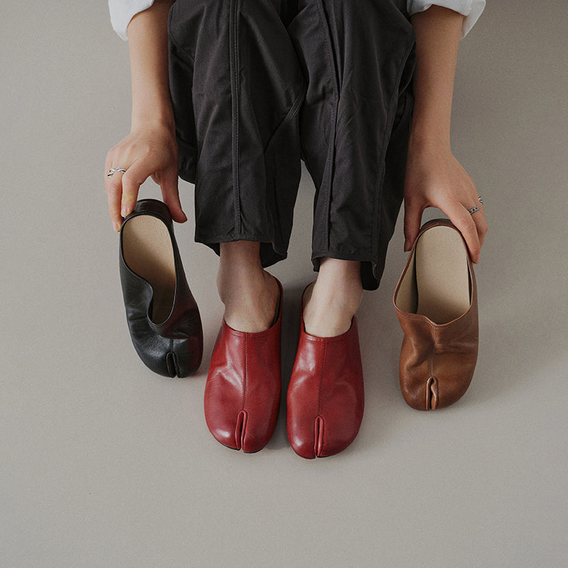 Women's Tabi Split-Toe Leather Flats | Full Grain Cowhide Slip-On Mules