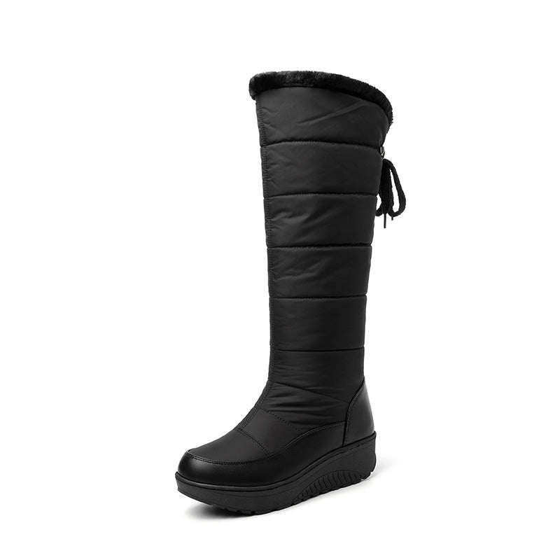 Women's Wedge Heel High-Top Snow Boots – Faux Fur Lined, Rubber Sole | Black & White