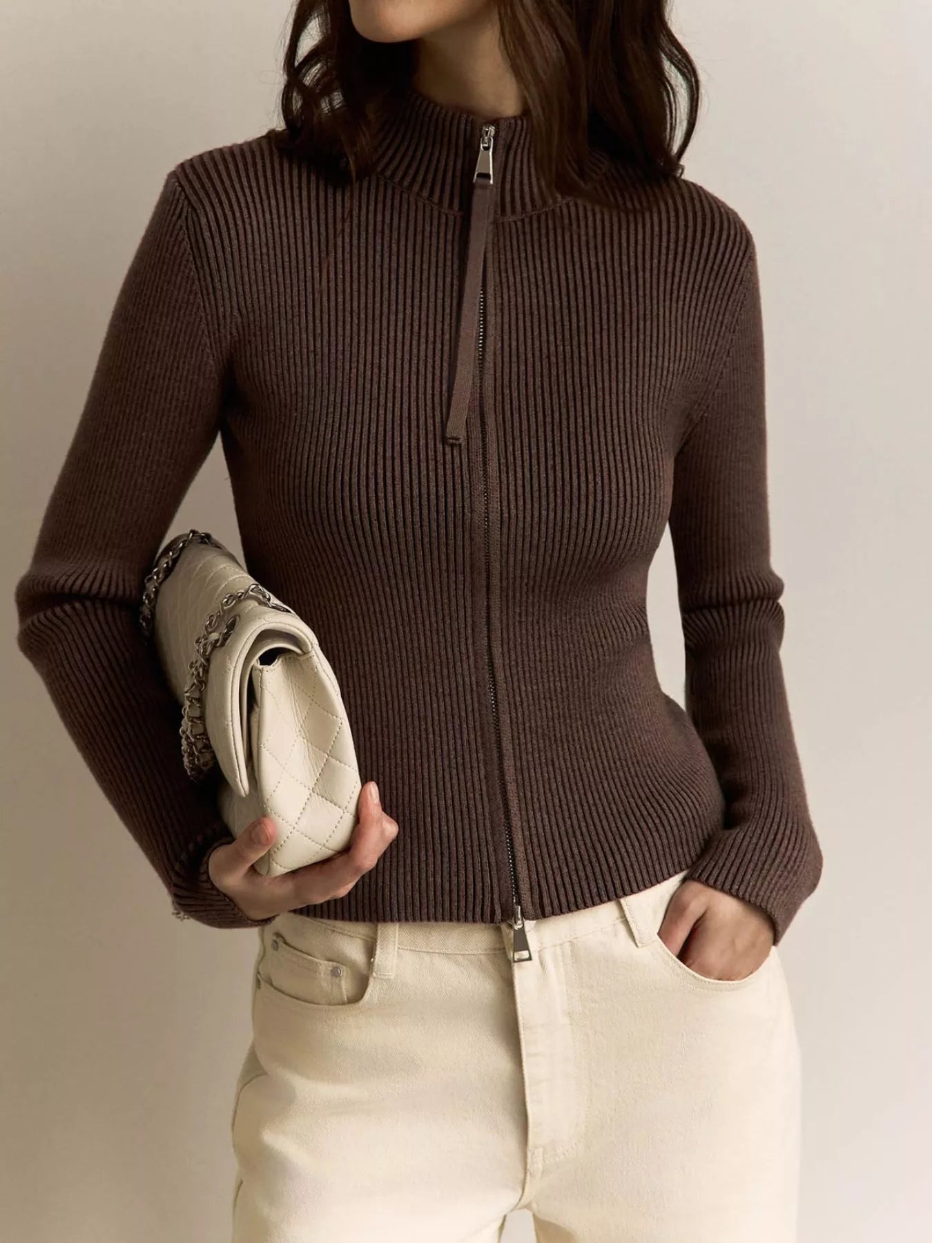 Ribbed Knit Zip-Up Cardigan