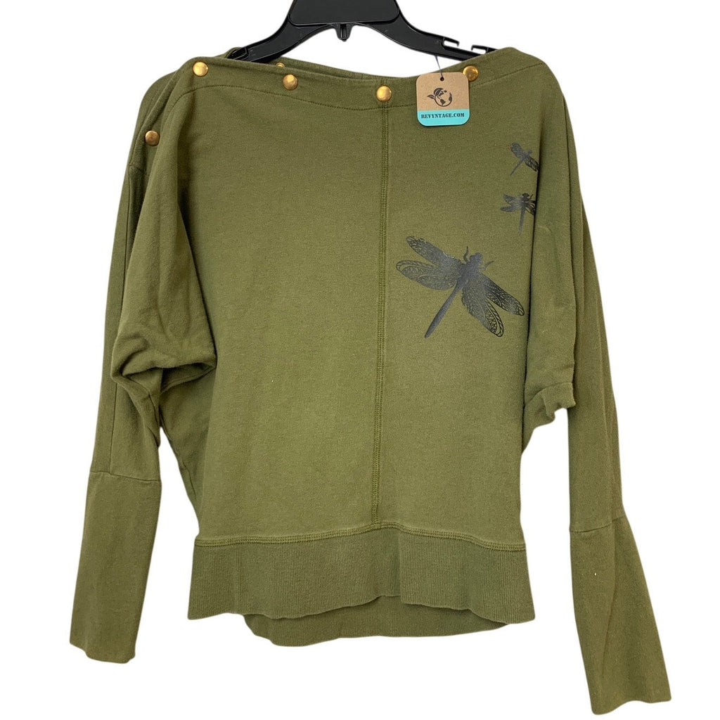 Upcycled Hand Printed Womens Small Dragonfly Snap Neck Long Sleeve Sweatshirt