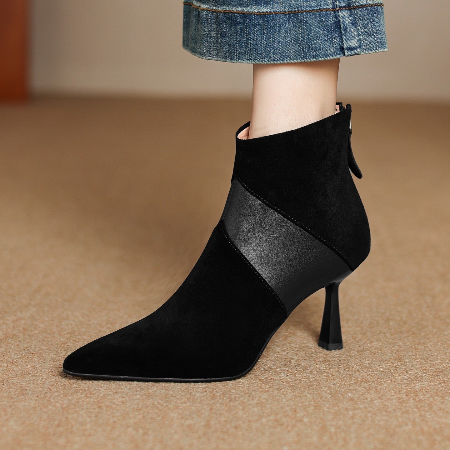 Women's Spliced Short Martin Boots – Suede Stiletto Heel Ankle Boots with Back Zipper