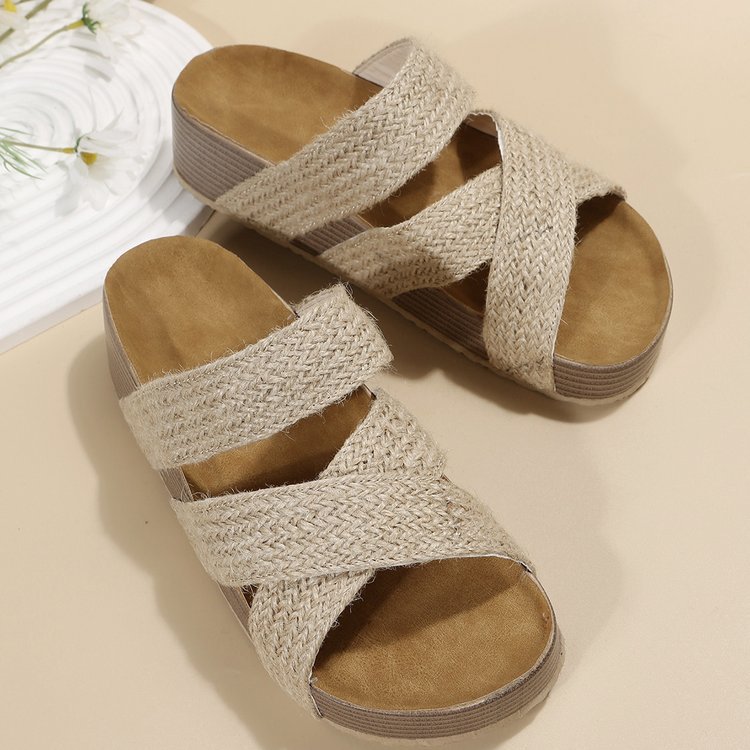 Women's Woven Platform Sandals | Flat Open-Toe PU Summer Beach Shoes