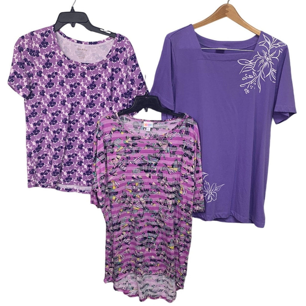 Lot of 3 Womens Large Purple Butterfly Floral Short Sleeve Summer Tee Shirts