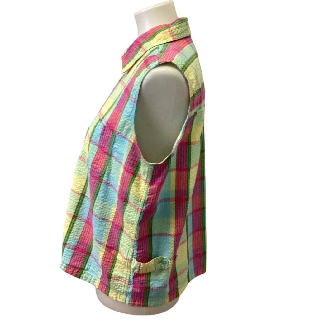 Christopher & Banks Large Full Zip Sleeveless Plaid Cotton Blend Shirt Tank Top