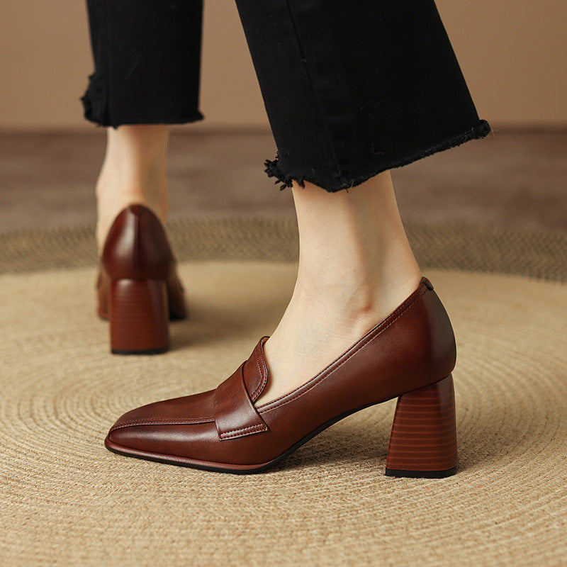 Retro Brown Chunky Heel Pumps