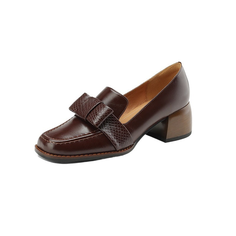 Women's Genuine Cowhide Leather Chunky Heel Commuter Shoes | Square Toe Block Heel Pumps