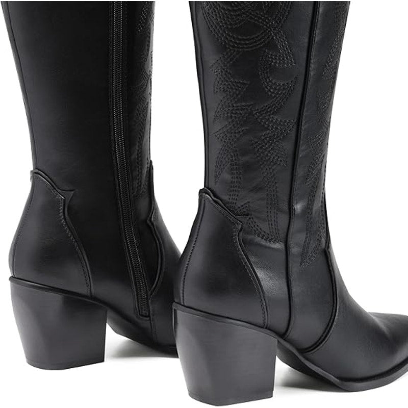 Dream Pairs Womens Size 6.5 Black Pull On Zipper Chunky 3" Heel Cowboy Boots