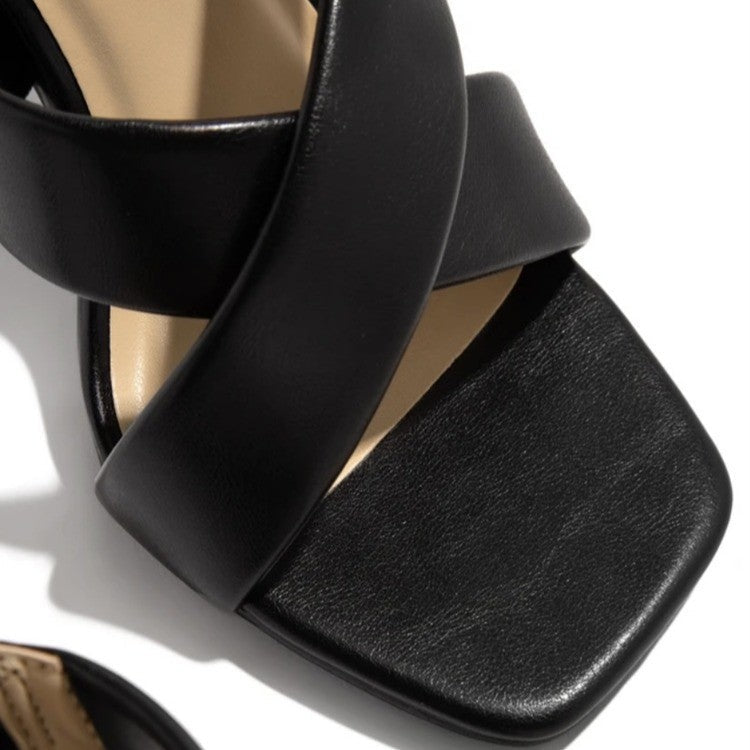 Women's Square Toe High-Heel Slide Sandals – Plus Size PU Upper, Rubber Sole