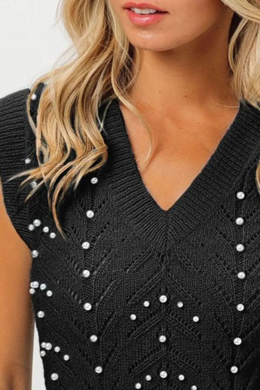 BiBi Chevron Pointelle Pearl Knit Top