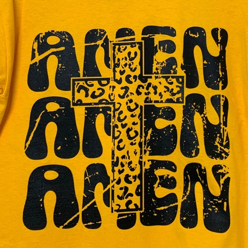 New Hand Printed Youth Medium Yellow Amen Amen Amen Jesus Crew Neck Tee