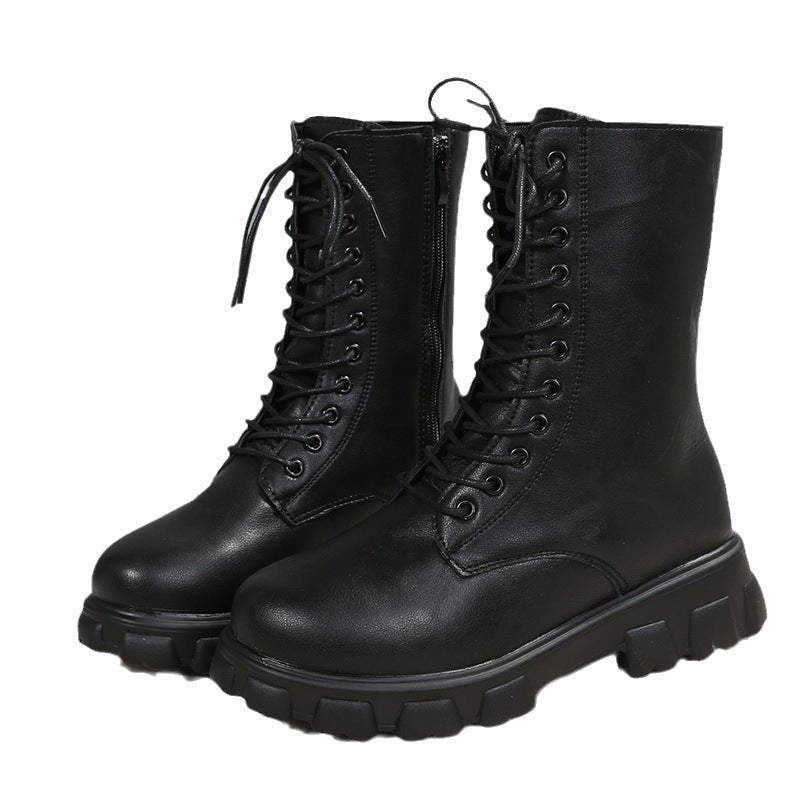 Women's Round Toe Ankle Boots - Lace-Up Low Heel Booties with Patchwork Detail