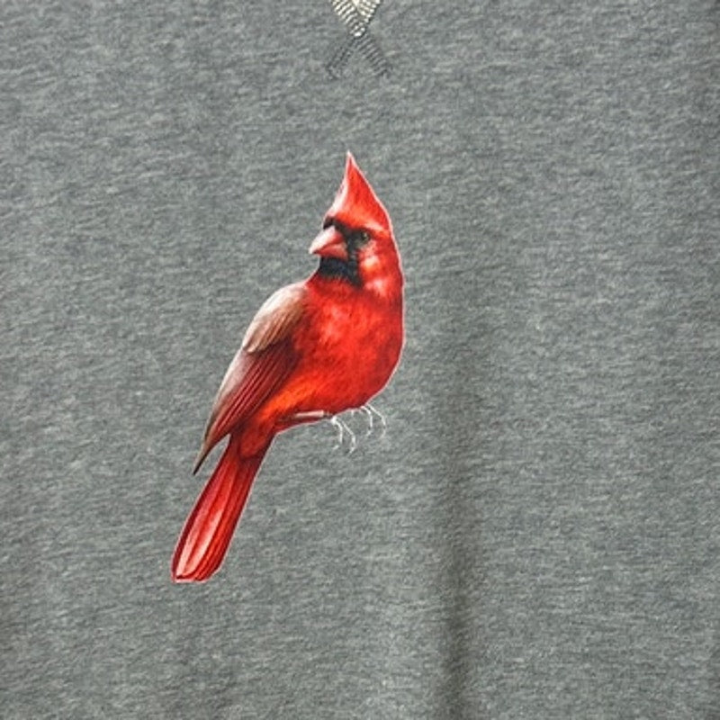 New Hand Printed Womens Small Red Cardinal Bird Long Sleeve Heathered Sweatshirt