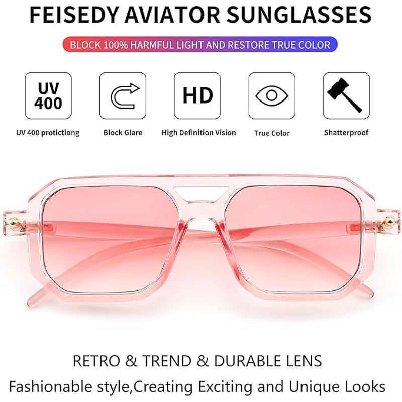 FEISEDY Pink Lens Vintage Square 70s Flat Aviator Sunglasses for Women