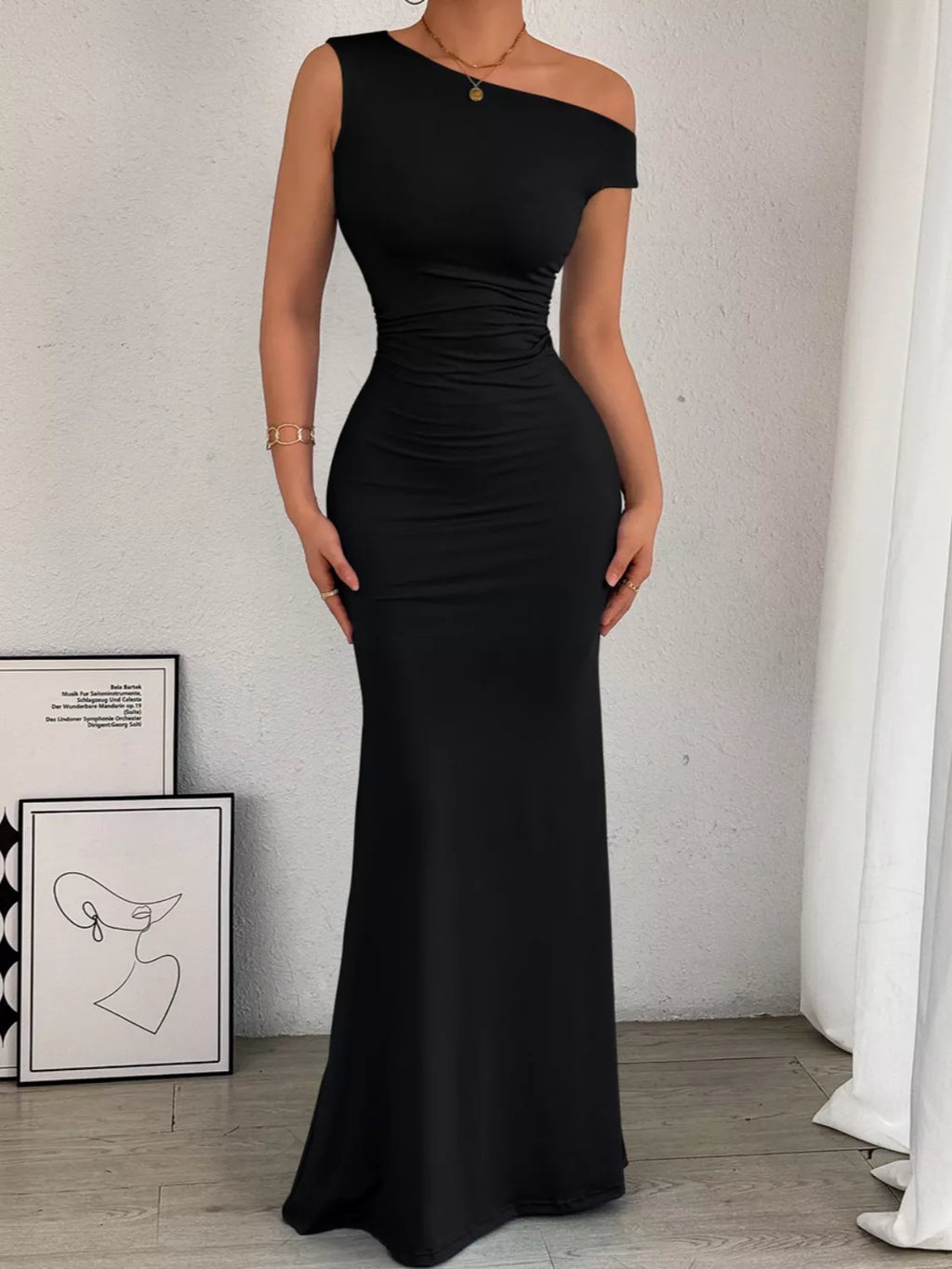 One-Shoulder Ruched Bodycon Maxi Dress