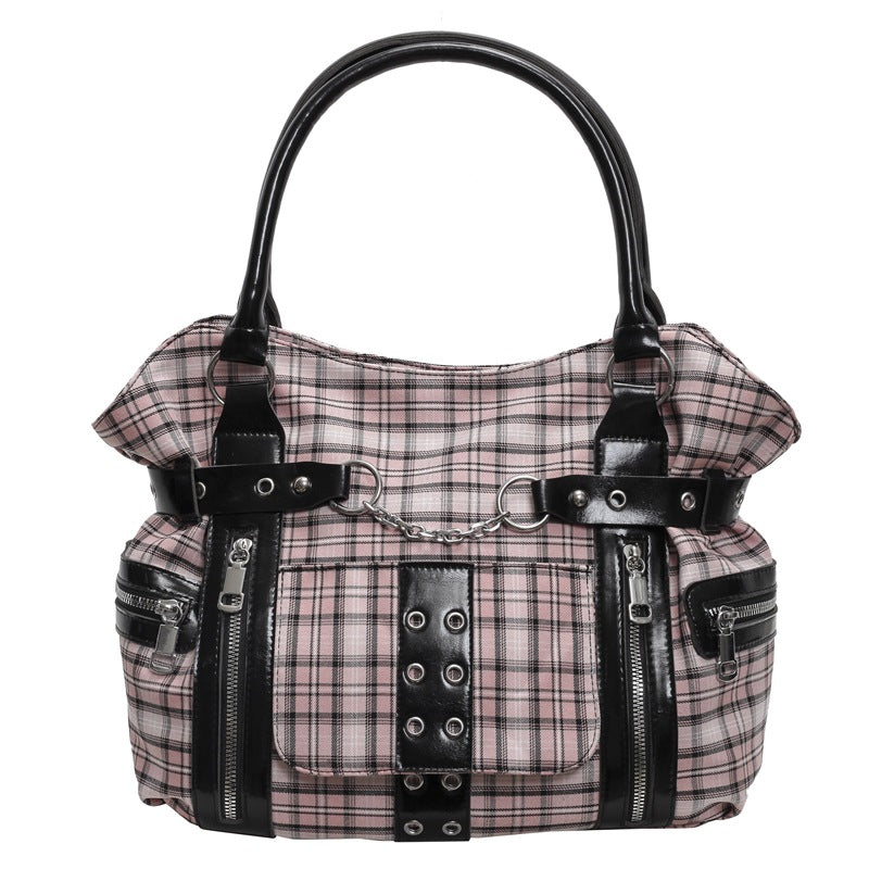 Women's Plaid Crossbody Bag with Rivet Details - Casual Shoulder Handbag