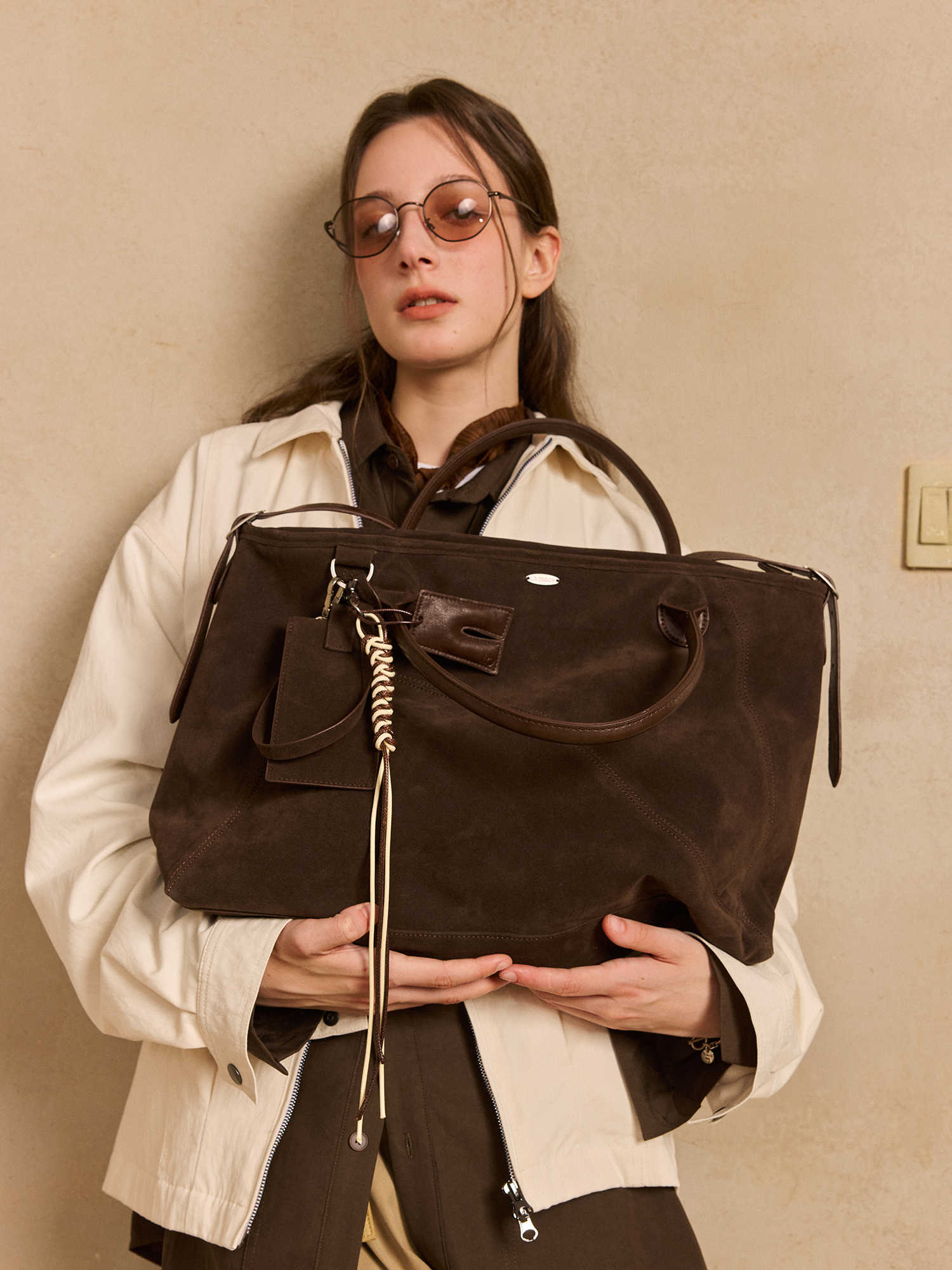 Premium Suede Travel Tote Bag - Diagonal Shoulder Handbag Brown