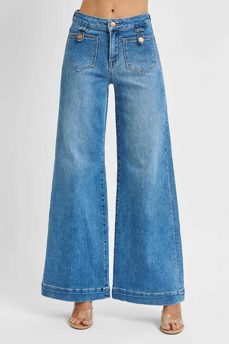 RISEN Full Size Mid Rise Wide Front Patch Pocket Jeans Plus Size