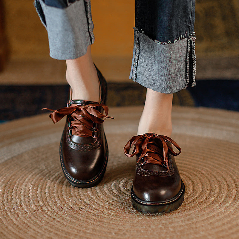 Women's Retro Silk Lace-Up Chunky Heel Pumps - Vintage British Style Leather Shoes