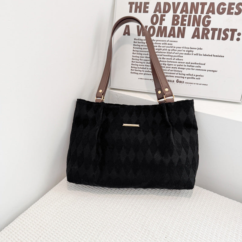 Women's Quilted Fabric Tote Bag – Minimalist Shoulder Bag with Diamond Pattern | Black, Beige, Khaki, Green
