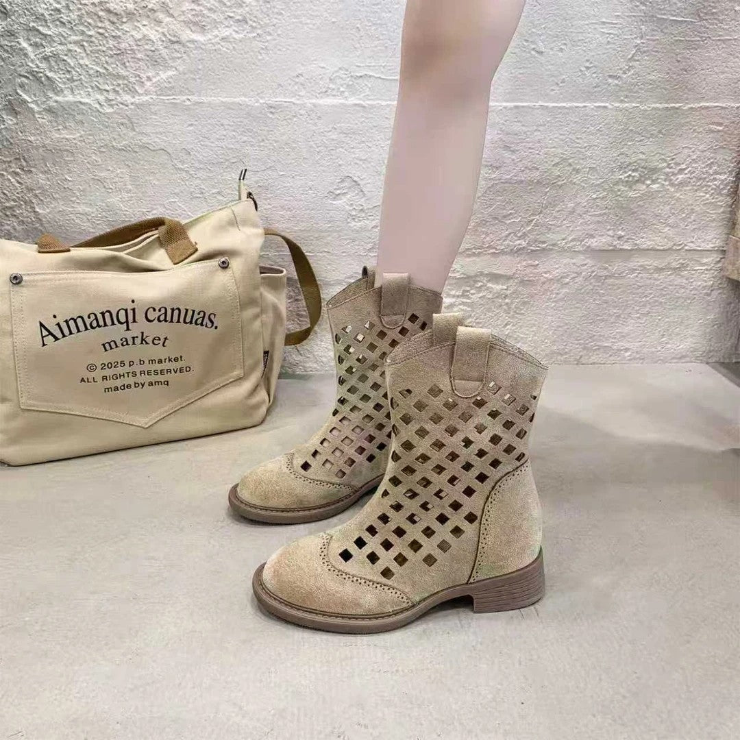 Hollowed-Out Mesh Mid-Calf Boots
