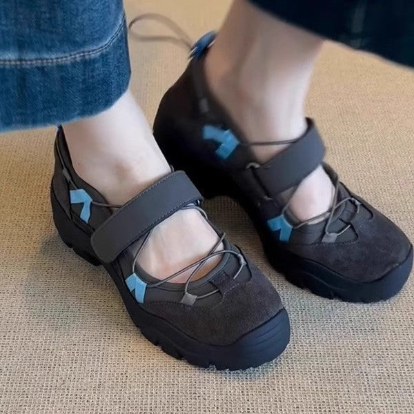 Women's Vintage Leather Mary Jane Shoes | Velcro Strap Thick Sole Low-Top