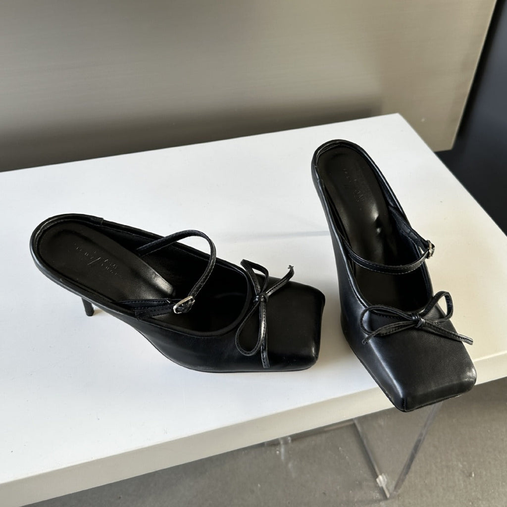 Women's Square Toe Stiletto Mule Heels - Elegant Satin Slip-On Sandals