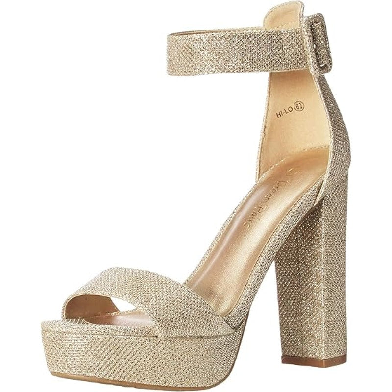 Dream Pairs Womens 5.5 Gold Glitter 5.75" Heel Open Round Toe Ankle Strap Shoes