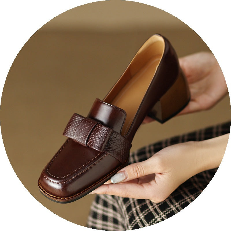 Women's Genuine Cowhide Leather Chunky Heel Commuter Shoes | Square Toe Block Heel Pumps