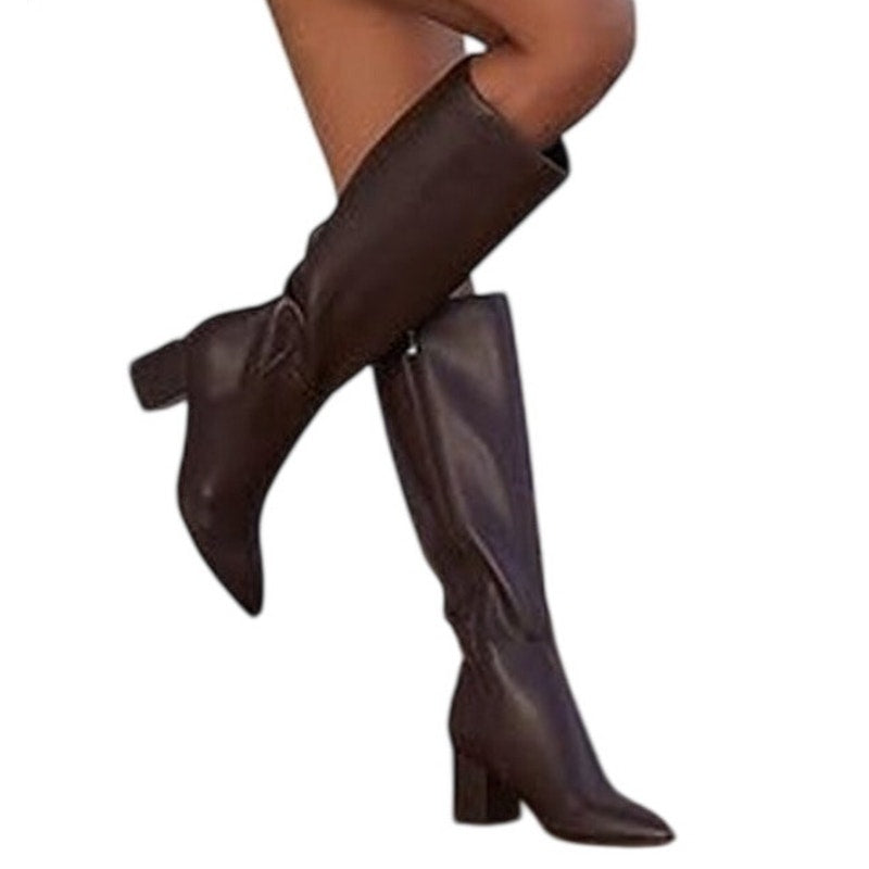 New Easyfox Womens Size 10 Brown Faux Leather 3" Block Heel Zip Knee High Boots