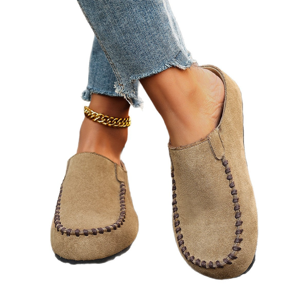 Women's Outdoor Closed-Toe Suede Half-Slipper | Thick PU Sole | Slip-On Vintage Style