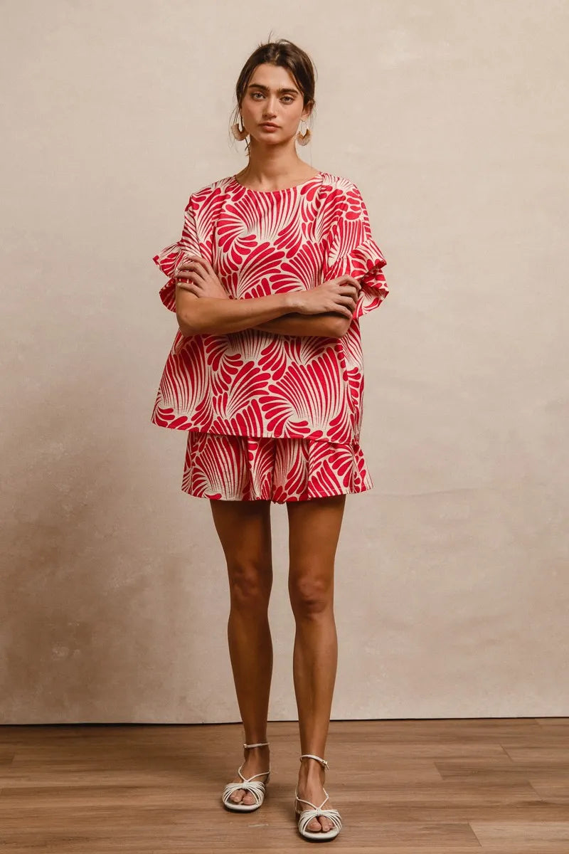 BiBi Print Woven Ruffled Sleeves Top