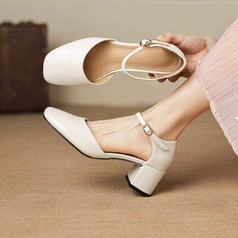 Women's Cutout Mary Jane Block Heel Sandals | Full-Grain Cowhide Square Toe Heels