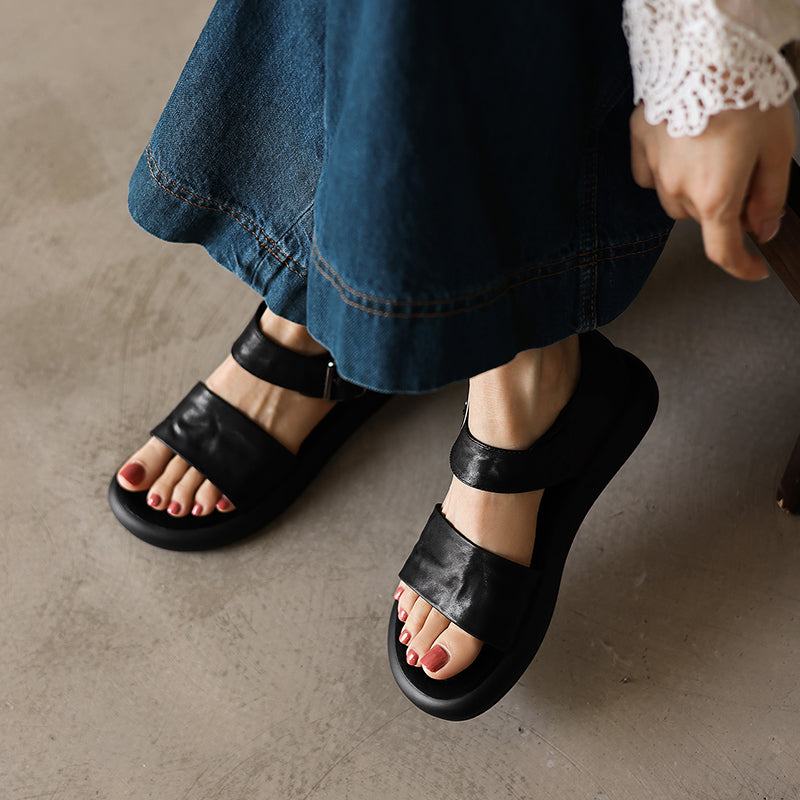 Women's Washed Leather Platform Sandals | Two-Strap Buckle Open-Toe Flats