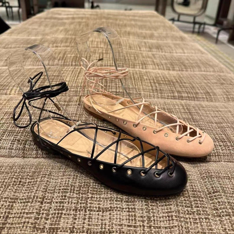 Women's Cross-Strap Leather Ballet Flats - Casual Roman Sandals