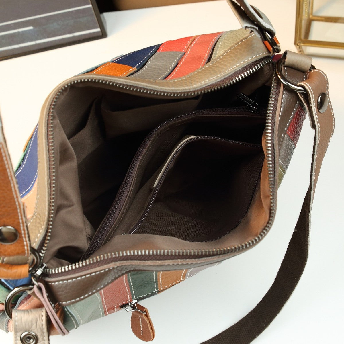 Geometric Grid Leather Patchwork Colorful Shoulder Bag - Women's Genuine Leather Handbag with Multiple Compartments