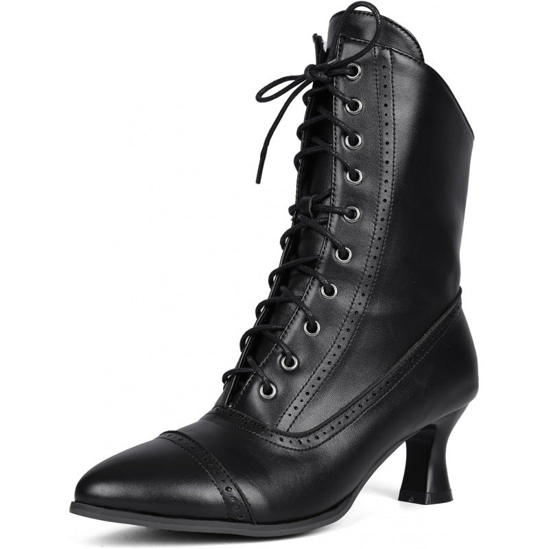 Women's Vintage Renaissance Lace-Up Ankle Boots - Low Heel Booties with Side Zipper