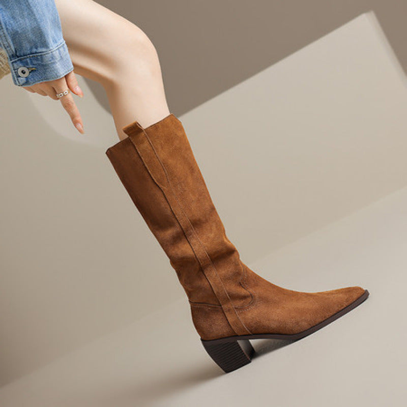 Women's Handmade Retro Chunky Heel Long Boots – Pointed Toe Cowhide Leather Fall Winter Boots