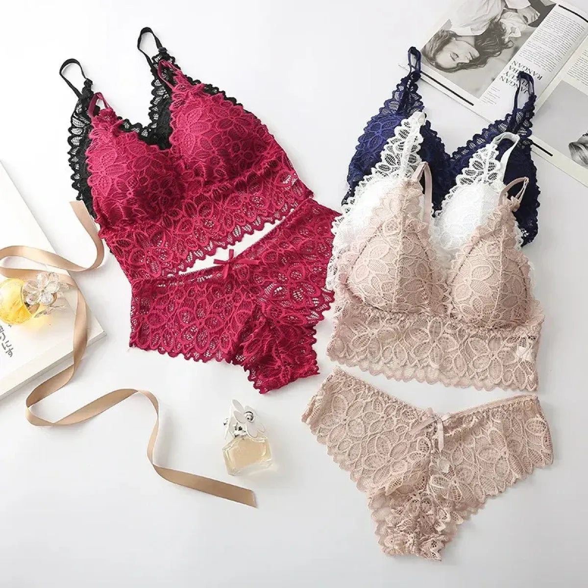 Lace Bra and Panty Set – Seamless Wire-Free Embroidered Lingerie
